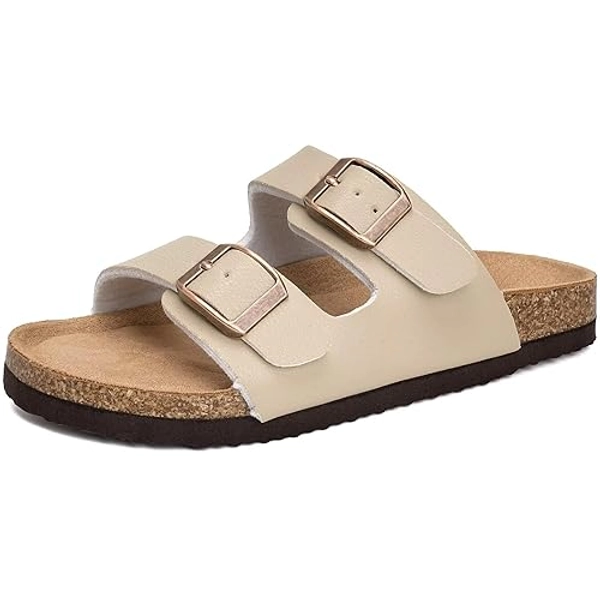 Torotto Kids Sandals Boys Girls Slide Summer Non-slip Cork Glitter Toddler Slippers with Adjustable Straps for Indoor & Outdoor - 3 Big Kid - Beige