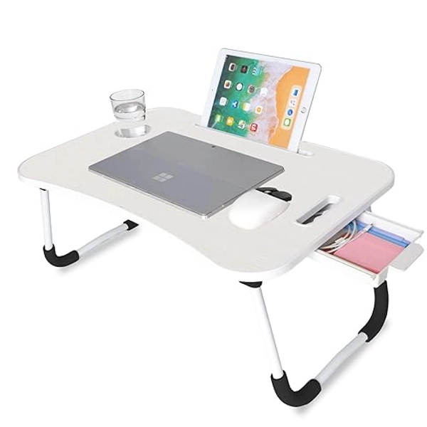 unycos - Betttablett Klappbar, Frühstückstablett mit Griff und Getränkehalter, Serviertisch, Ideal für Lesen und Arbeiten, Auch als Lapdesk Verwendbar 60x40x26 cm (Knochenweiß mit Schublade) - Mit schublade - Knochenweiß mit Schublade