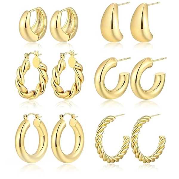 Dodder Gold Chunky Hoop Earrings for Women | 14K Gold Plated Lightweight Twisted Thick Open Hoop Earrings Set - Gold