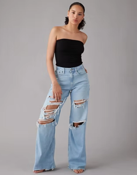 AE Dreamy Drape Stretch Curvy Super High-Waisted Ripped Baggy Wide-Leg Jean