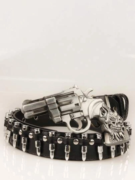 1 pieza Cinturón estilo occidental de PU negro de estilo gótico oscuro con hebilla de vaquero Y2K, adecuado para fiestas, bailes, decoraciones brillantes, salidas, regalo de novio, esqueleto de Halloween