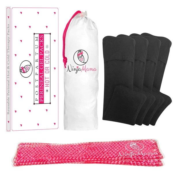 Ninja Mama Perineal Ice and Heat Therapy Packs - Pack of 2 for Postpartum Soothing Relief for Postpartum Hemorrhoid Pain Childbirth Recovery Care - Labour and Delivery Essentials - Reusable - Hot or Cold - with 4 Washable Sleeves. - $28.03