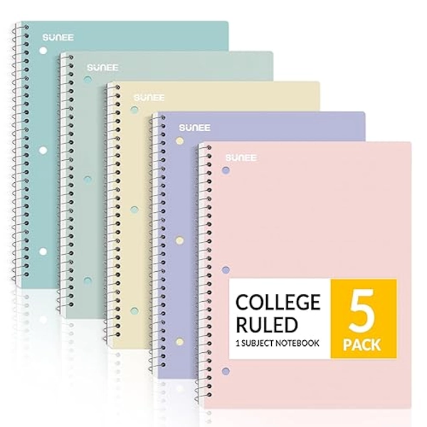 SUNEE Spiral Notebooks, 1-Subject, 5 Pack, College Ruled Paper, 8" x 10-1/2", 70 Sheets per Notebook,3-Hole Punched Paper, Pink,Purple, Blue, Green, Yellow Spiral Lined Notebooks for School,Work - 5