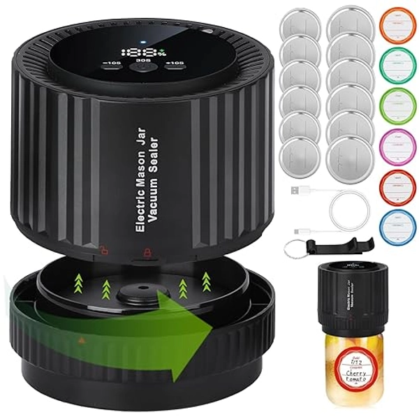 Electric Mason Jar Vacuum Sealer Kit, Cordless Vacuum Sealer for Wide Mouth and Regular Mouth Mason Jar, with Can Opener, Lids and Labels, Suitable for Food Saver and Fermentation