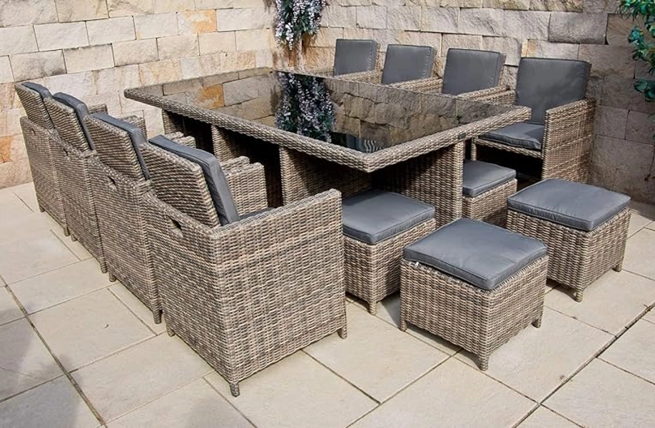 PolyRattan - Deutscher Hersteller - 10 Jahre GARANTIE auf UV-Beständigkeit - Gartenmöbel Essgruppe Tisch 8 Stuhl Hocker Polster Rostfrei Aluminium Dining Lounge Naturfarben Grau Schwarz