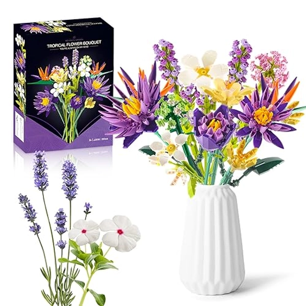 Flower Bouquet Building Set, 891PCS DIY Artificial Flower Bouquet Set, Birds of Paradise and Water Lily Bouquet Building Sets for Home Office Decor for Adults, Gift for Valentine's Day, Mother's Day