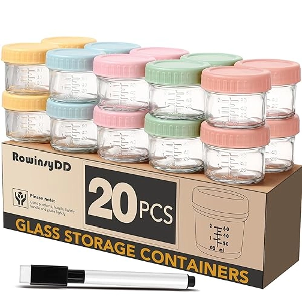 RowinsyDD 20 Pack Glass Baby Food Storage Containers, 4 oz Leakproof Baby Food Jars with Lids, Small Glass Food Containers for Infant Baby Food, Freezer & Microwave Safe, BPA Free - 20P