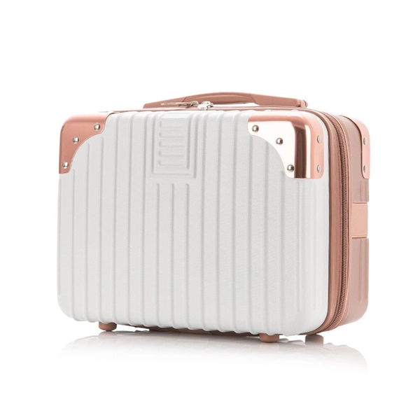 Portable Hard Shell Cosmetic Travel Case, Small Travel Hand Luggage with Elastic Band, Mini ABS Carrying Makeup Case Fashion Suitcase, White, Rose Gold