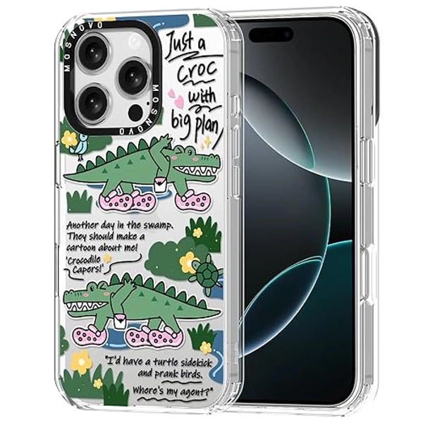 MOSNOVO Case for iPhone 16 Pro, [Buffertech 6.6ft Military-Grade Drop Protection] [Anti Peel Off Tech] Clear TPU Bumper Phone Case Cover Design - Croc with Big Plan - iPhone 16 Pro - Clear - Croc with Big Plan
