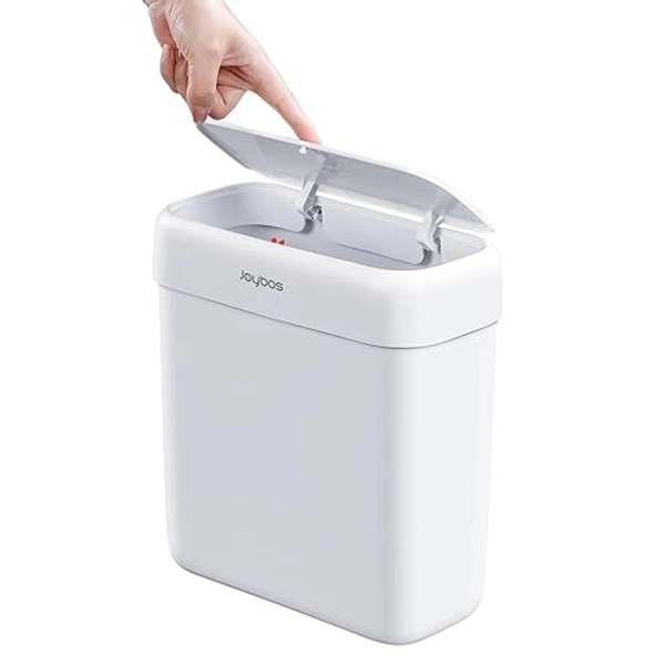 JOYBOS Trash Can with Lid, 2.6 Gallons/9.2 Qt Garbage Can with Press Top, Small Trash Can Dog Proof, Plastic Trash Bin, Waste Basket for Rv Bathroom Kitchen Bedroom Office White