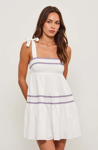 Sleeveless Tiered Mini Dress with Embroidered Trim and Tie Straps