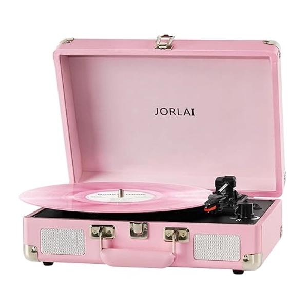 JORLAI Pink Vinyl Record Player 3 Speeds Portable Suitcase Turntable with Built-in Dual Speakers, Bluetooth Gramophone with Built-in Battery 3.5mm Aux Input/RCA Output - Pink Silver