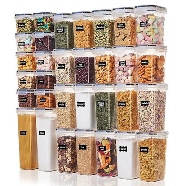 Vtopmart 32pcs Food Storage Container Set, Kitchen & Pantry Organizers and Storage, BPA-Free Plastic Airtight Pantry Container with Lids for Cereal, Flour and Sugar, Includes 32 Labels (Black) - Black