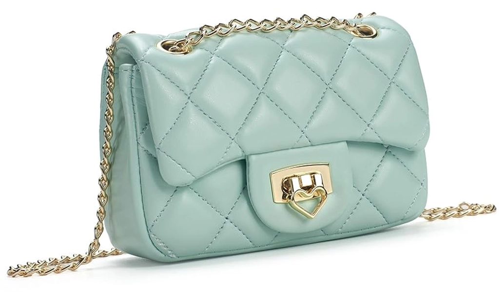 LJCTULY Toddler Purse for Girls Age 3-14, Heart Lock Kids Purse, Cute Crossbody Bag with Chain Strap - Light Blue