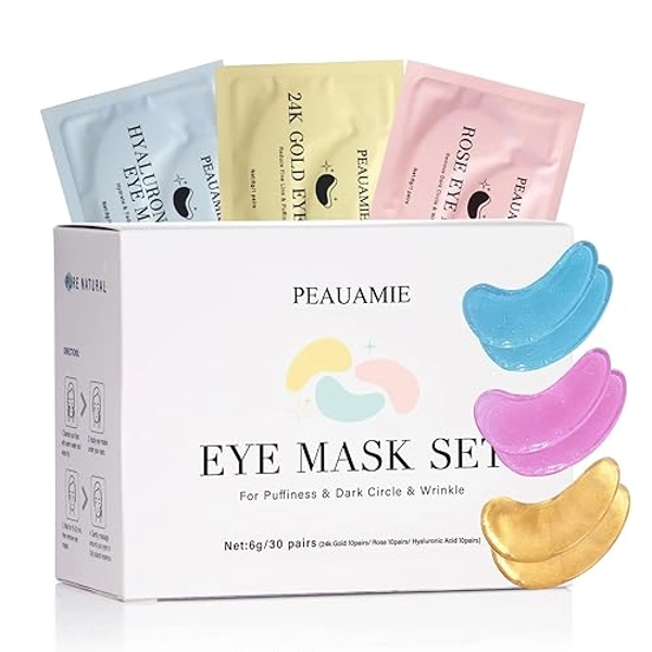 PEAUAMIE Under Eye Patches Gold and Hyaluronic Acid for puffy eyes,Rose Eye Masks for Dark Circles and Puffiness skin care Smooth Wrinkles products 30 Pairs - White
