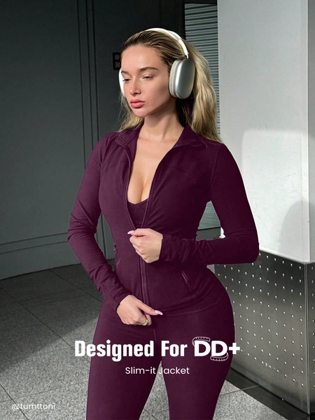 FeatherFit™ For DD+ Slim-It Streamline Performance Secure Pockets Zip Up Long Sleeve Jacket Low Impact Yoga Daily Fall