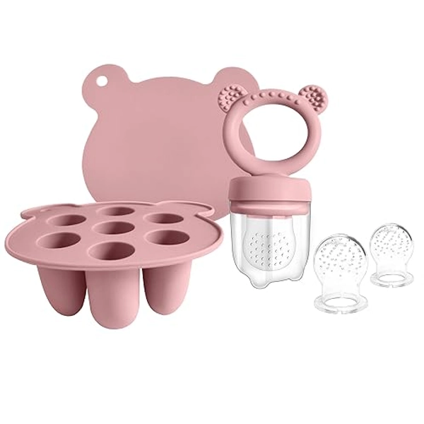 BigSpinach Silicone Baby Food Freezer Tray with Teething Popsicle Molds - Baby Fruit Feeder and Breastmilk Teether Combo - Pink