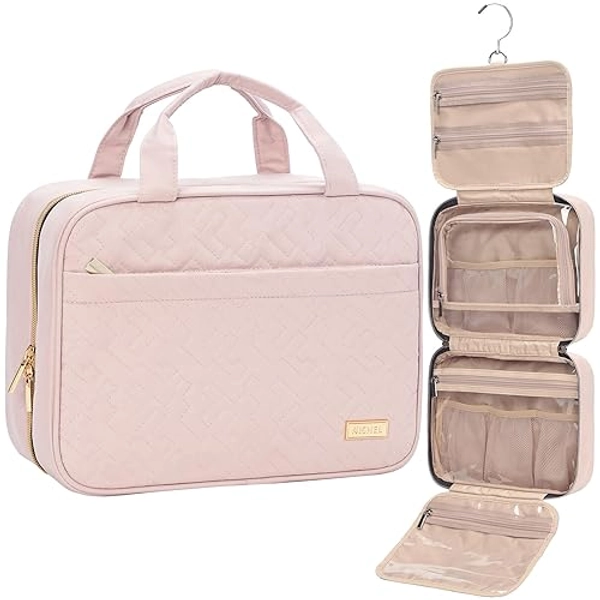 NISHEL Travel Toiletry Bag for women, Portable Hanging Organizer for Travel-Sized Shampoo, Conditioner, Brushes Set, makeup Accessories, Medium Size, Pink - Medium - Pink