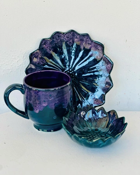 Purple Peacock, 20 Ounce Mug, 8 Inch Flower Plate, 5 Inch Flower Bowl, Gift Set, Extra Large Mug, Matching Set