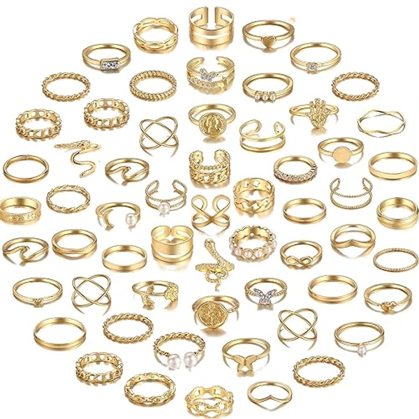 YEEZII 68 Pcs Gold Knuckle Rings Set for Women, Stackable Rings Boho Joint Finger Midi Rings Silver Hollow Carved Crystal Stacking Rings Pack for Gift - gold-60 pcs