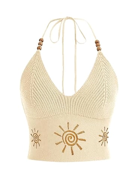 Verdusa Women's Crop Halter Tops Y2k Goth Clothes Crochet Cami Sleeveless Tie Backless Boho Knit Top Camisole - Small - Beige