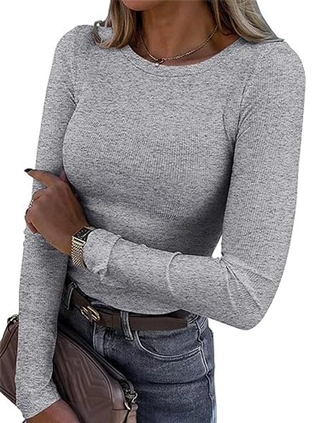 Roselux Womens Long Sleeve Stretch Crewneck Ribbed T-Shirt Fitted Casual Basic Tops - Large - Grey
