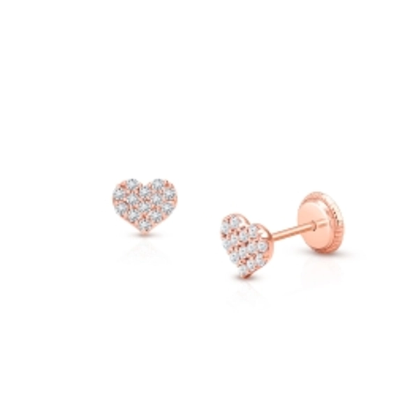 Dearest Heart, Clear Pavé CZ Baby/Children's Earrings, Screw Back - 14K Rose Gold
