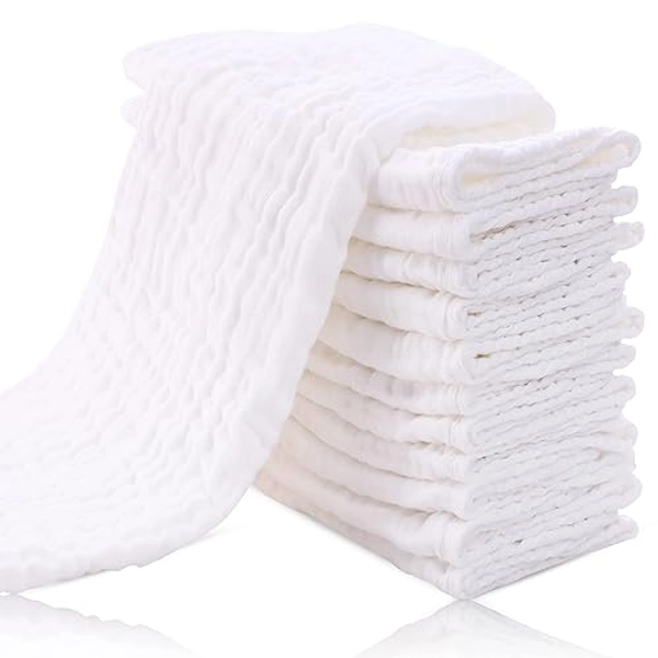 Cute Castle 12 Pack Muslin Burp Cloths for Baby - Ultra-Soft 100% Cotton Baby Washcloths - Large 20'' by 10'' Super Absorbent Milk Spit Up Rags - Burpy Cloths for Unisex, Boy, Girl - White - White - 20x10 Inch (Pack of 12)
