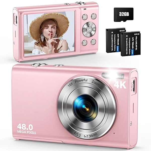 Digital Camera, Autofocus 48MP UHD 4K Vlogging Camera 16X Digital Zoom, Portable Compact Point and Shoot Digital Camera for Teens Adult Beginner with 32GB Card, 2 Batteries, Lanyard(Pink) - Pink
