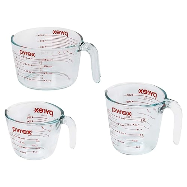 Pyrex 3 Piece Glass Measuring Cup Set, Includes 1-Cup, 2-Cup, and 4-Cup Tempered Glass Liquid Measuring Cups, Dishwasher, Freezer, Microwave, and Preheated Oven Safe, Essential Kitchen Tools - Measuring Cup 3 pack - Measuring Cup Set