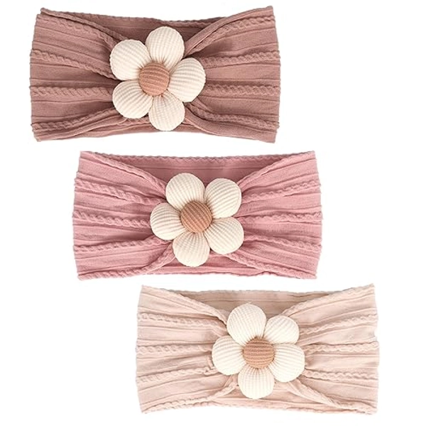 MIUXUESO 3 Pcs Baby Flower Headbands Baby Girls Nylon Headband Soft Hairbands Hair Accessories for Newborn Infant Toddler Kids (Beige Pink Khaki) - Beige Pink Khaki