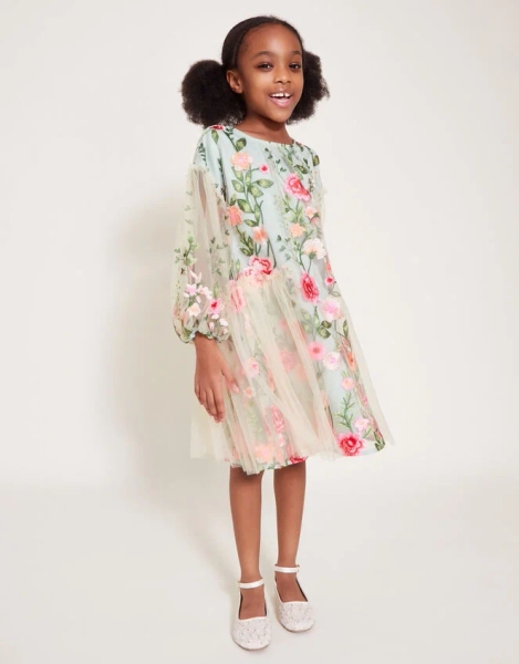Heather Long Sleeve Floral Embroidered Dress Multi