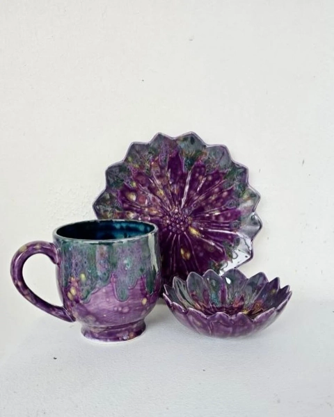 Floral Fantasy, 20 Ounce Mug, 8 Inch Flower Plate, 5 Inch Flower Bowl, Gift Set, Extra Large Mug, Matching Set