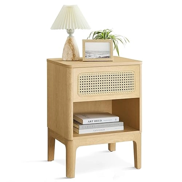 VASAGLE Rattan Nightstand, Boho Bedside Table with Drawer, Cane End Table, Modern Side Table for Bedroom, Natural ULET616T57 - 1 Pack