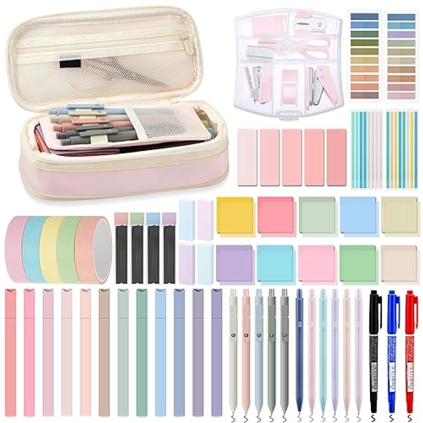 Sinload 60 Pcs Aesthetic Book Annotation Kit Pencil Case with Highlighter Gel Pen Mechanical Pencil Magnetic Bookmarks Transparent Sticky Note Tabs Mini Office Supplies(Pink) - Pink