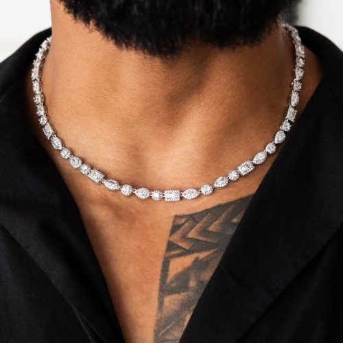 Mixed Diamond Pave Chain | 14k White Gold Plated / 16" / White Gold