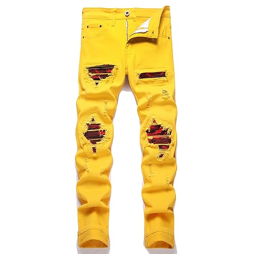 OIIIO Men's Patch Ripped Stretch Regular Fit Jean - 32 - 6660 Yellow