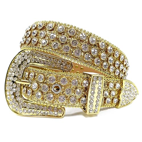 Studded Rhinestone Belts Men Women Fashionable Sparkly Diamond Belt Shiny Crystals Inlaid Design Leather Belt Christmas Gift - M: fits pants size 33-35 - Gold