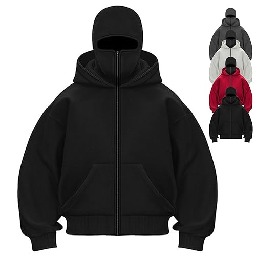 Balaclava Hoodie with Built In Balaclava, Double Hooded Zip Jacket Wind-resistant Winter Hoodies for Men - Black - Small