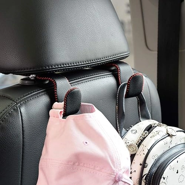 Car Hooks Universal Car Vehicle Back Seat Headrest Hanger Holder Hook Microfiber Leather & Stainless Steel for Bag Purse Cloth Drink Grocery (Black red)… - Black red
