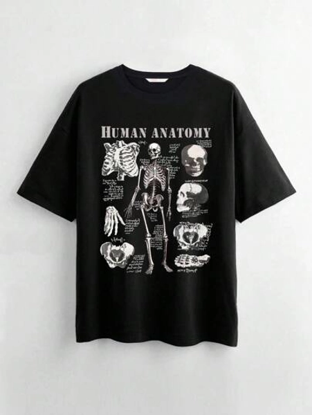 ROMWE Goth Camiseta de mujer de cuello redondo con estampado de calavera de esqueleto, para la escuela