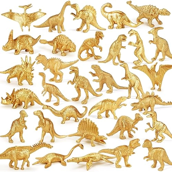 Gold Plastic Mini Dinosaur Figures Toys 48PCS Party Favors Supplies Birthday Dino Cupcake Toppers Prizes Box Toddler Valentines Day Gifts for Kids Classroom Boy Girl Goodie Bags Stuffers Pinata Filler - gold 48PCS