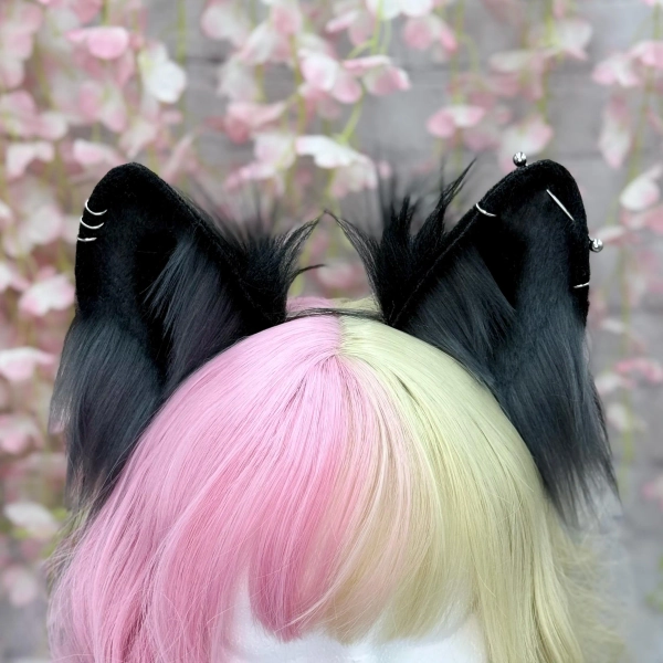 Gray and Black Wolf Ears Faux fur Pierced Husky Ears cosplay faux fur animal ears wolf husky cat pet play ears headband