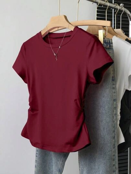 SHEIN Tween Girls Casual Solid Color Ruched Waist Hem Short Sleeve T-Shirt Top, Versatile, Spring/Summer
