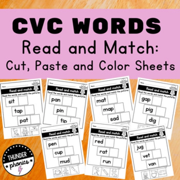 CVC Words Worksheets Cut and Paste CVC Read and Match No Prep Phonics SATPIN+
