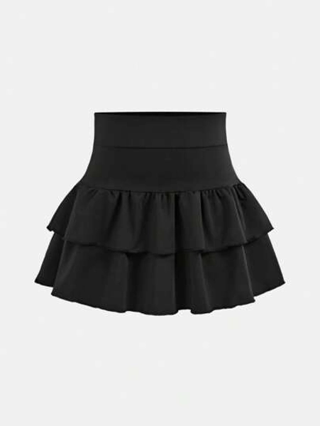 Tween Girls Solid Color Knit Cute Ruffle Layered Built-In Shorts Mini Skirt, Y2K Fashion