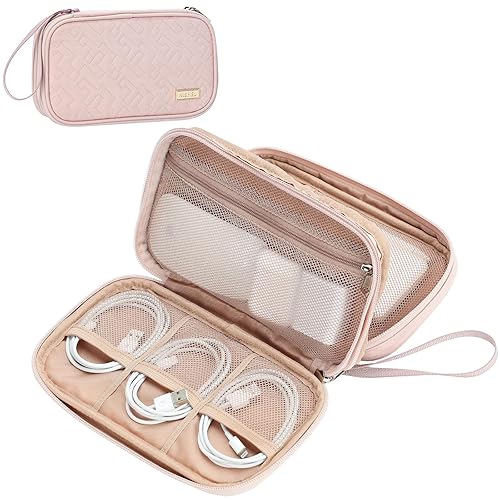 NISHEL Travel Cord Organizer Case, Double Layers Tech Electronic Case, Travel Essentials for Charger, Cable, Phone, Flash drive, Pink - Pink - Double layer