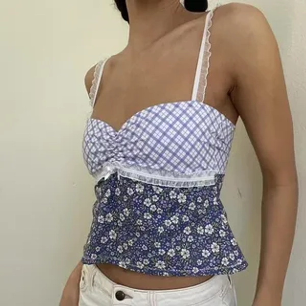 Gingham Plaid Floral Print Lace -Trim Crop Cami Top