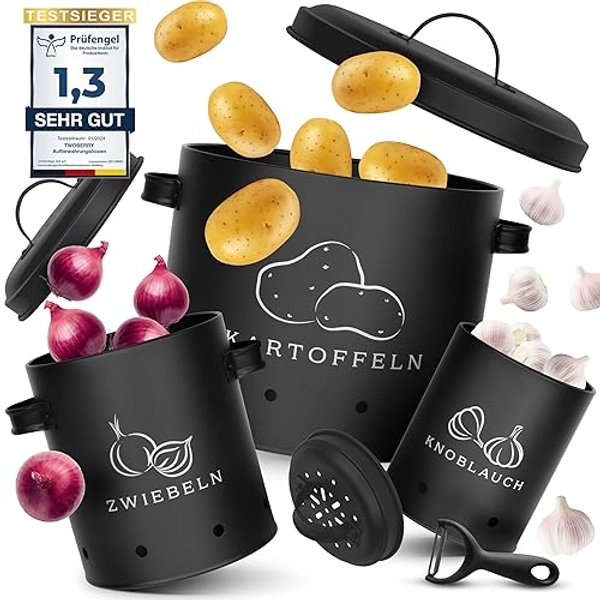 TWOBERRY Kartoffel Aufbewahrungsbox [3er Set] inkl. Sparschäler- längere Haltbarkeit durch 360° Luftzirkulation - Zwiebel , & Knoblauch Aufbewahrung Küche - Schwarz