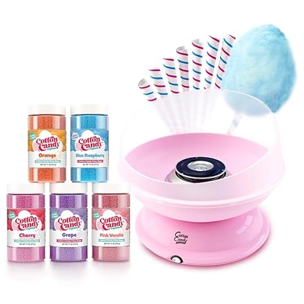 Cotton Candy Express CC1000-S Cotton Candy Machine, with 5 - 11oz. Jars of Cherry, Grape, Blue Raspberry, Orange, Pink Vanilla Floss Sugar & 50 Paper Cones Easy to Use and Clean - Pink Machine With 5 Flavors